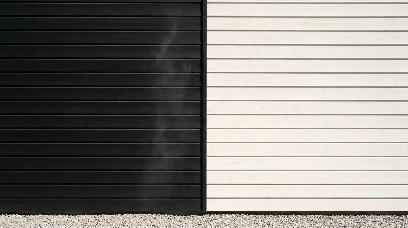 A black siding panel and a white siding panel side by side in direct sun