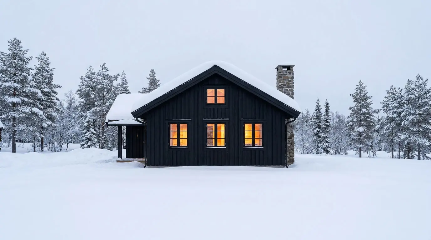 A black-stained cabin with a steep gable roof in fresh snow with warm glowing windows