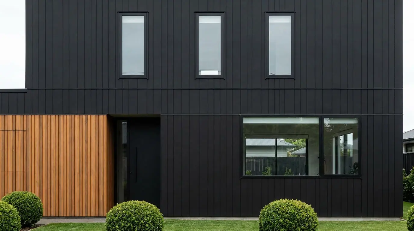 A modern house clad in matte black vertical boards