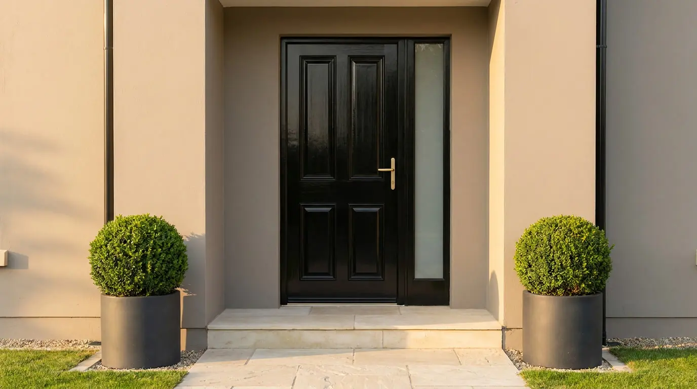 A glossy black front door with a brass handle on a warm greige house facade