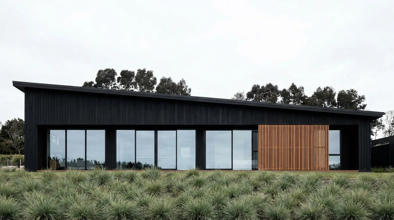 A long single-storey black timber house with a cedar screen, standing in tussock grass under an overcast sky