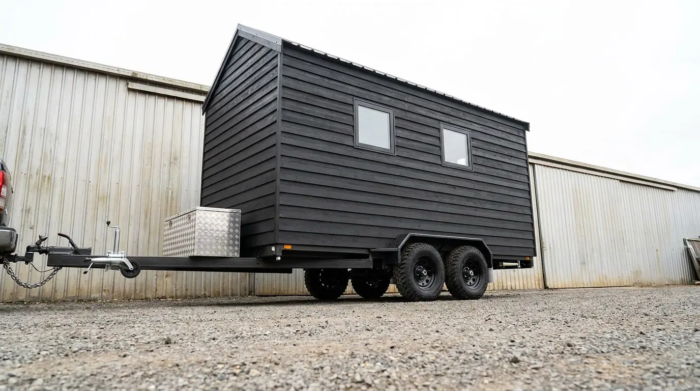 A tiny house on a trailer parked on a gravel yard