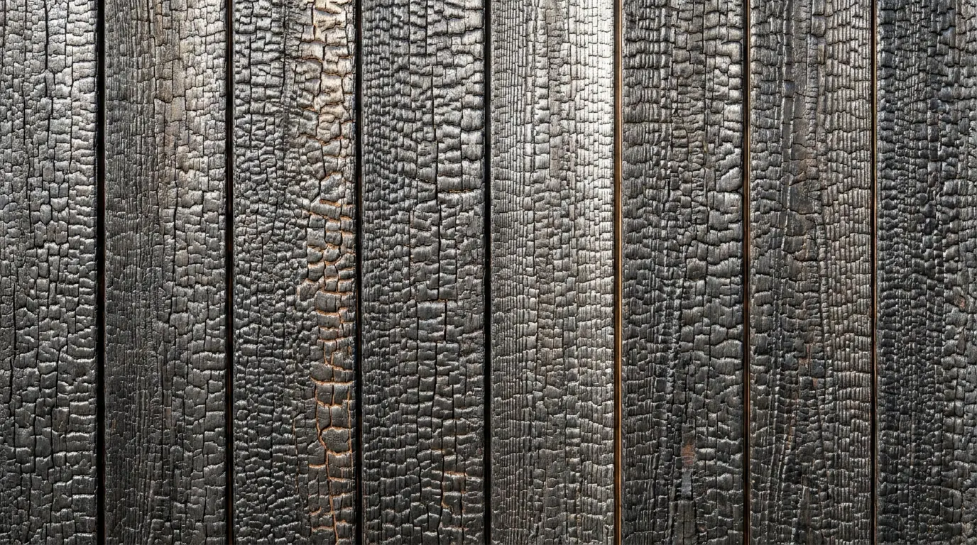 Charred cedar cladding showing a deep alligator-skin texture