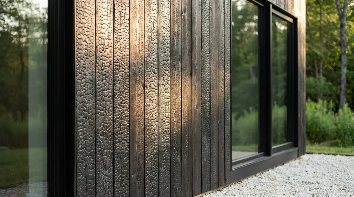 Charred cedar cladding with a deep alligator-skin texture