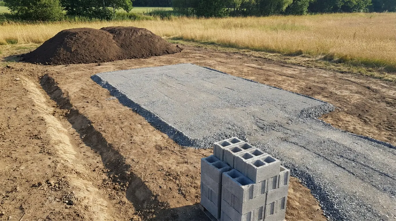 A graded gravel pad on a rural lot prepared for a small foundation