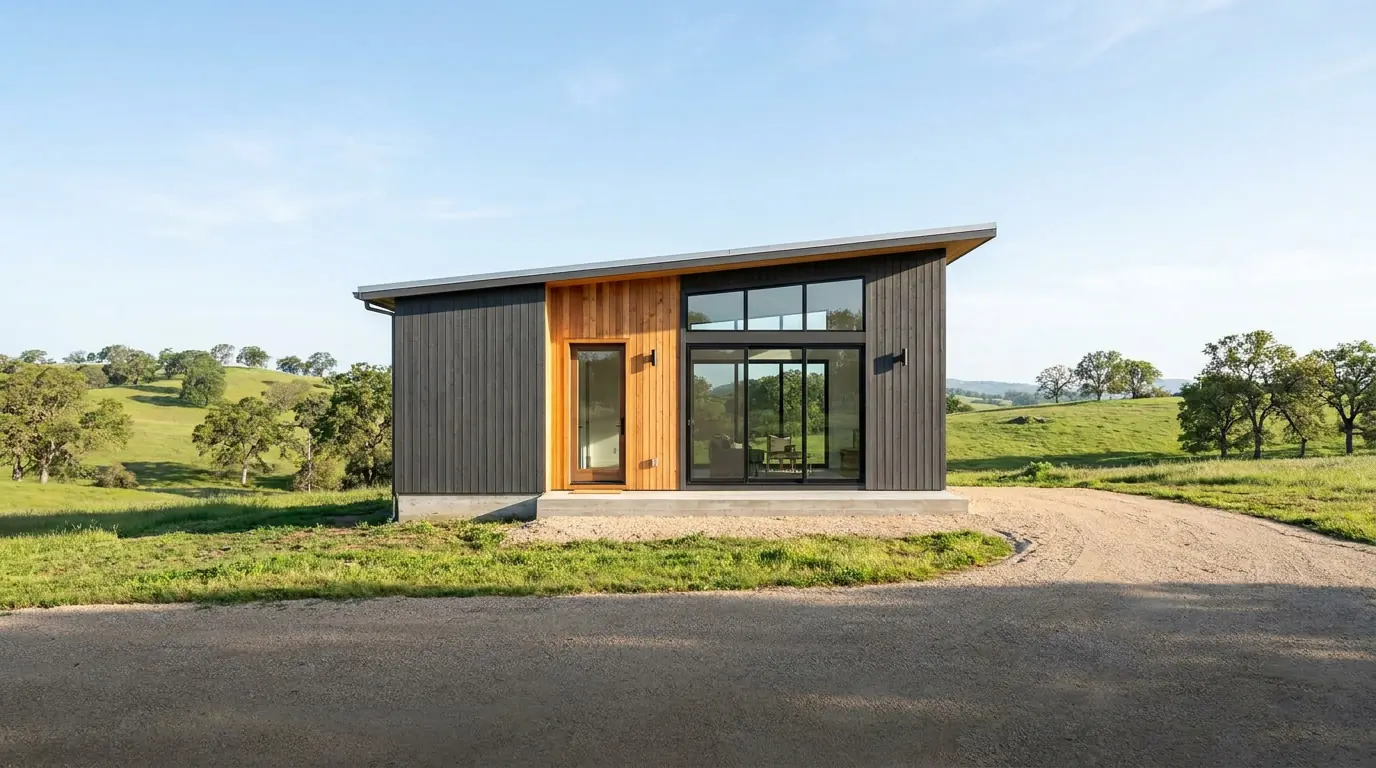 A modern tiny house on a low concrete foundation with cedar cladding and a charcoal metal roof