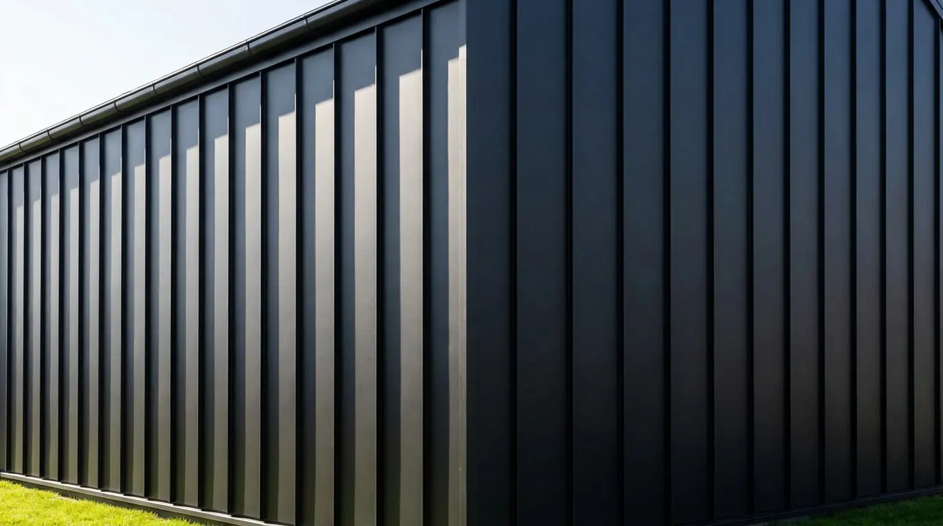 Crisp corner of black standing-seam metal cladding with parallel seam shadows