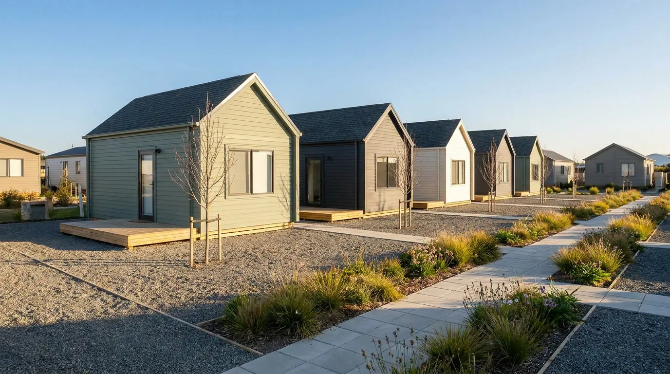 A row of small gable-roofed houses on gravel lots in a tiny house community
