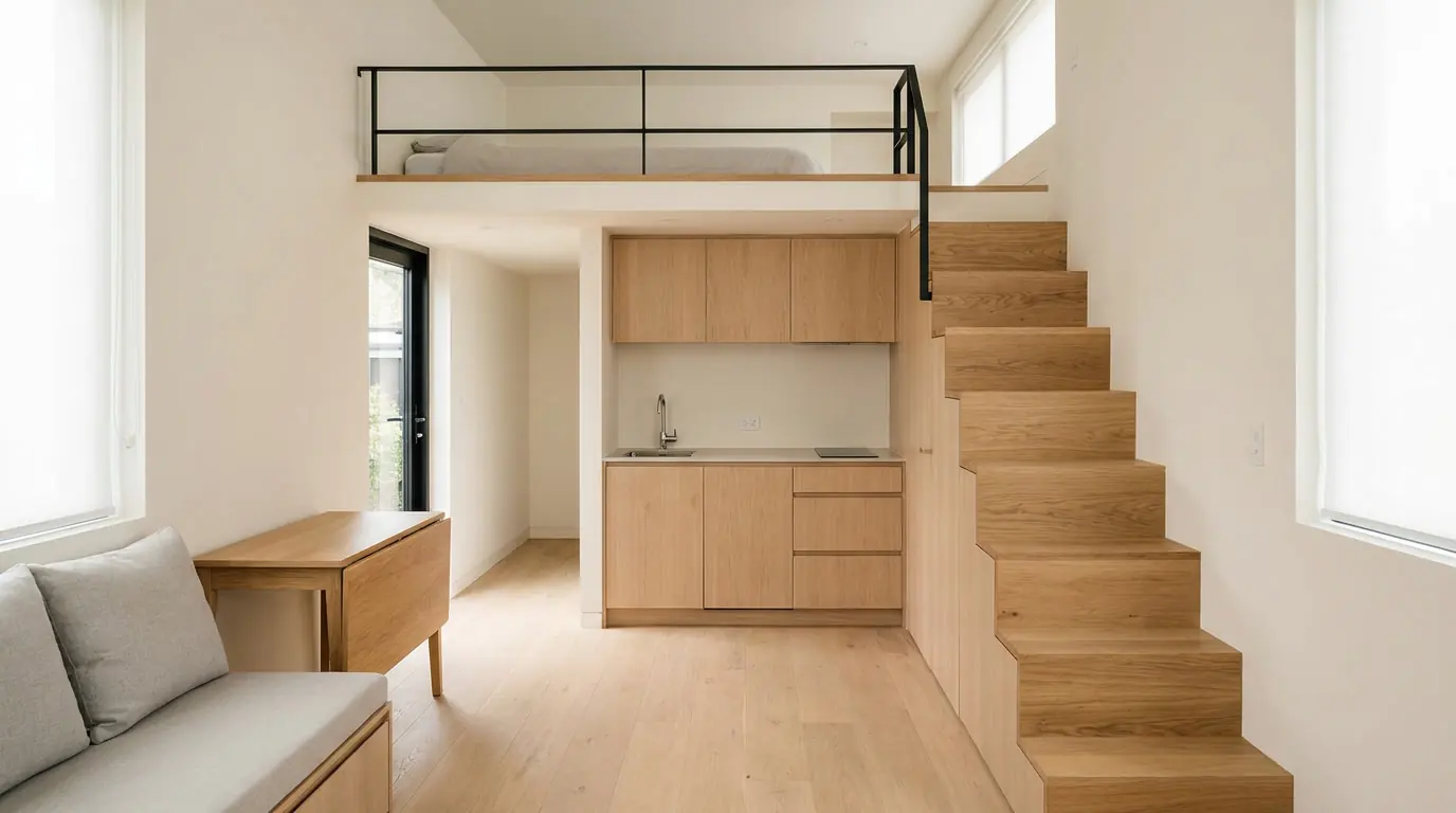 Compact tiny house interior with a sleeping loft above the kitchen