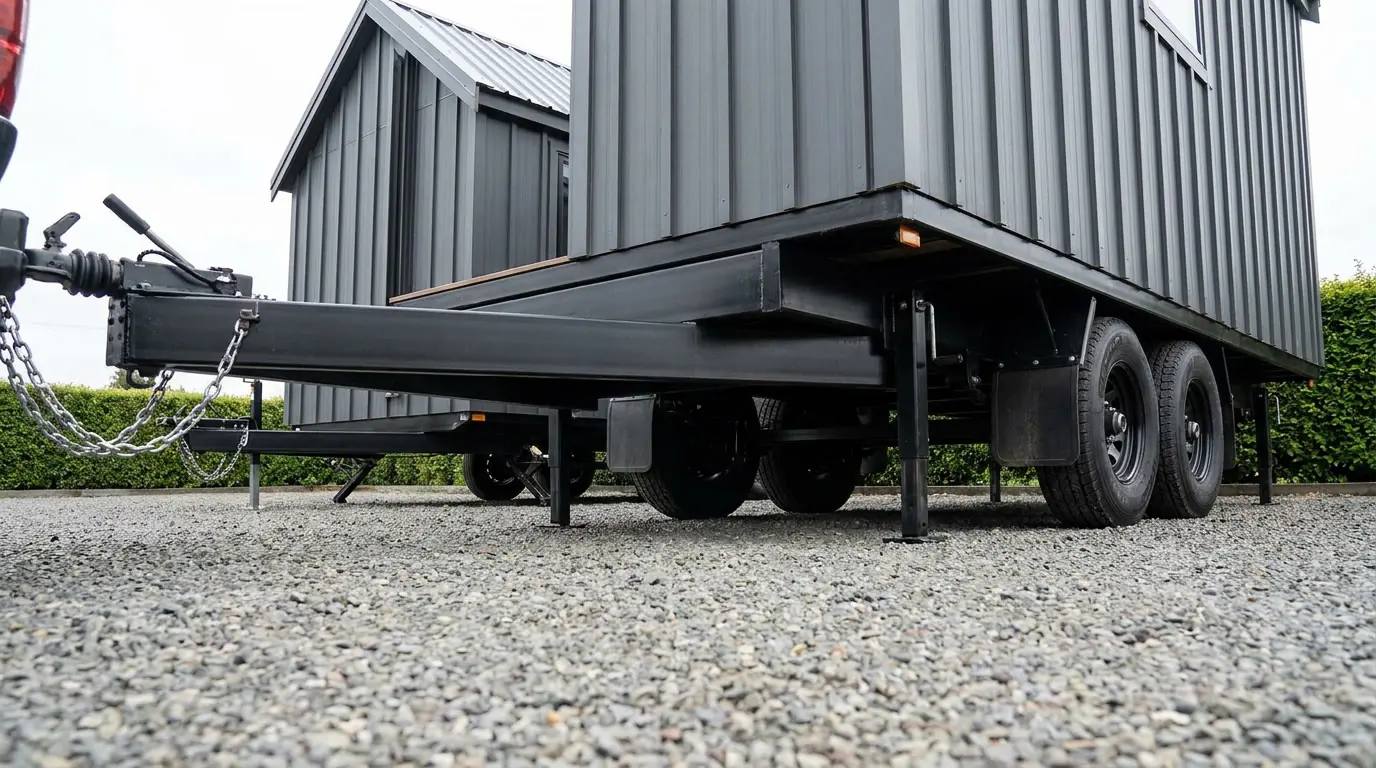 A tiny house on a heavy dual-axle trailer ready for transport