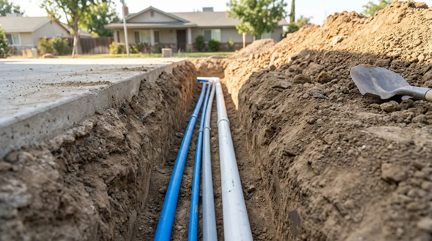 An open utility trench showing water, electrical and sewer lines running to a tiny house